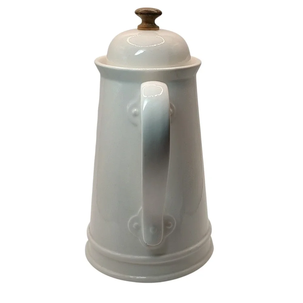 Vintage Stoneware Coffee Pot with Lid White Wooden Knob on Lid Ten Inch Six Cups